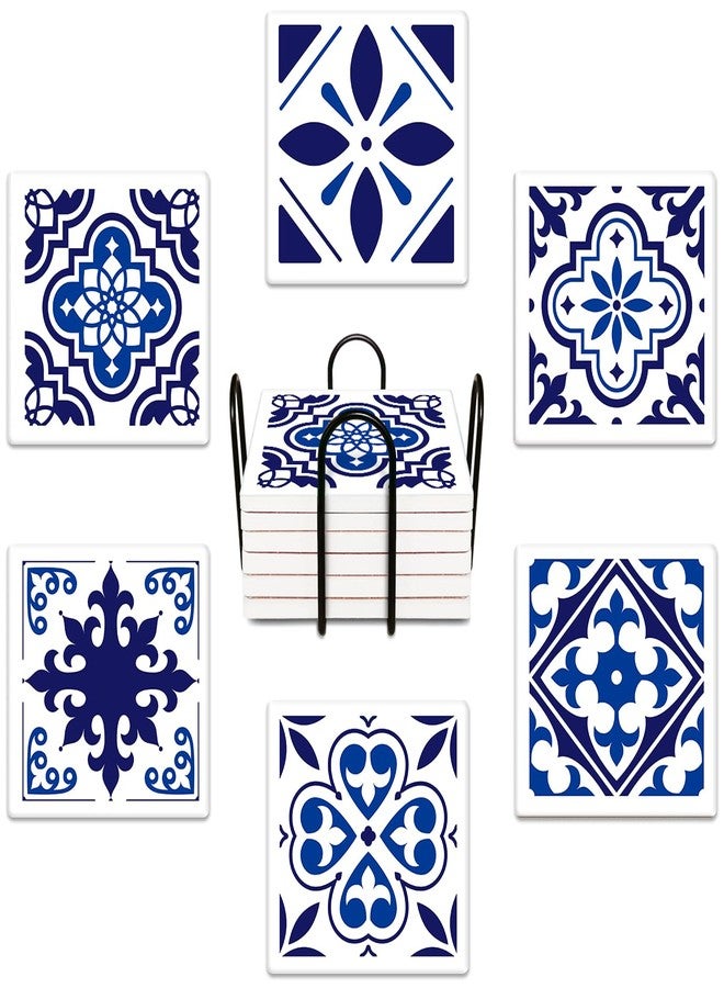 Bribay Coasters for Drinks Set of 6, Navy Blue Ceramic Tiles Geometric Pattern Absorbent Square Ceramic Stone Mat, with Cork Base and Metal Holder, Gift for Housewarming Room Bar Decor - Image 1